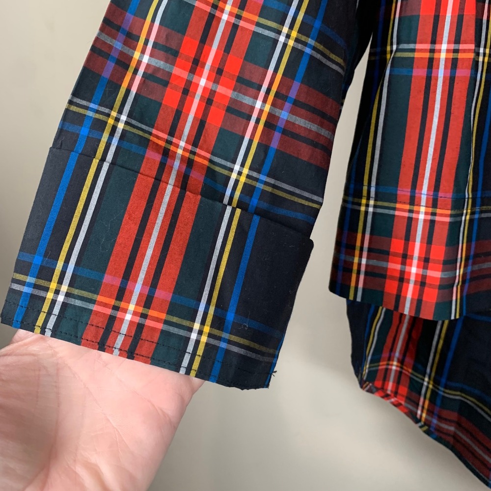 J.Crew Funnel Neck Stewart Tartan Plaid Jeweled Shoulder Blouse Size 12 - Picture 4 of 9
